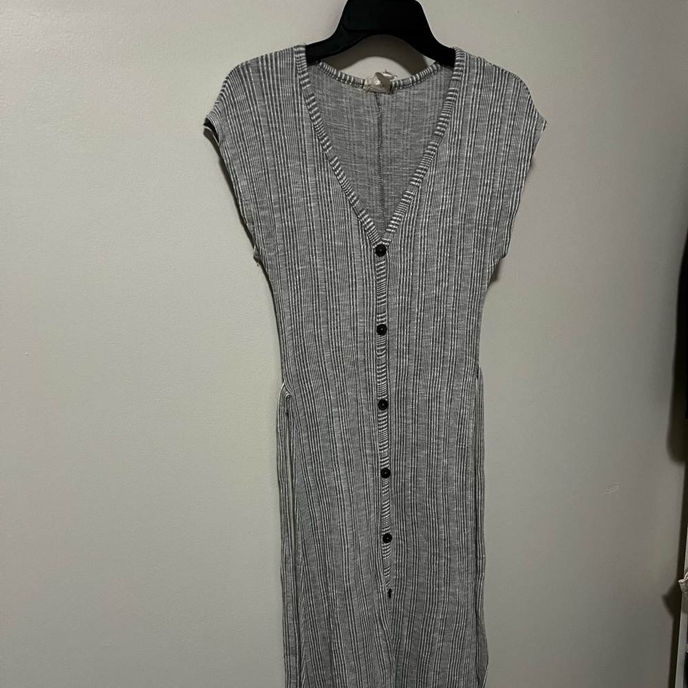 Caution To The Wind Gray Ribbed Button-Front Maxi Dress